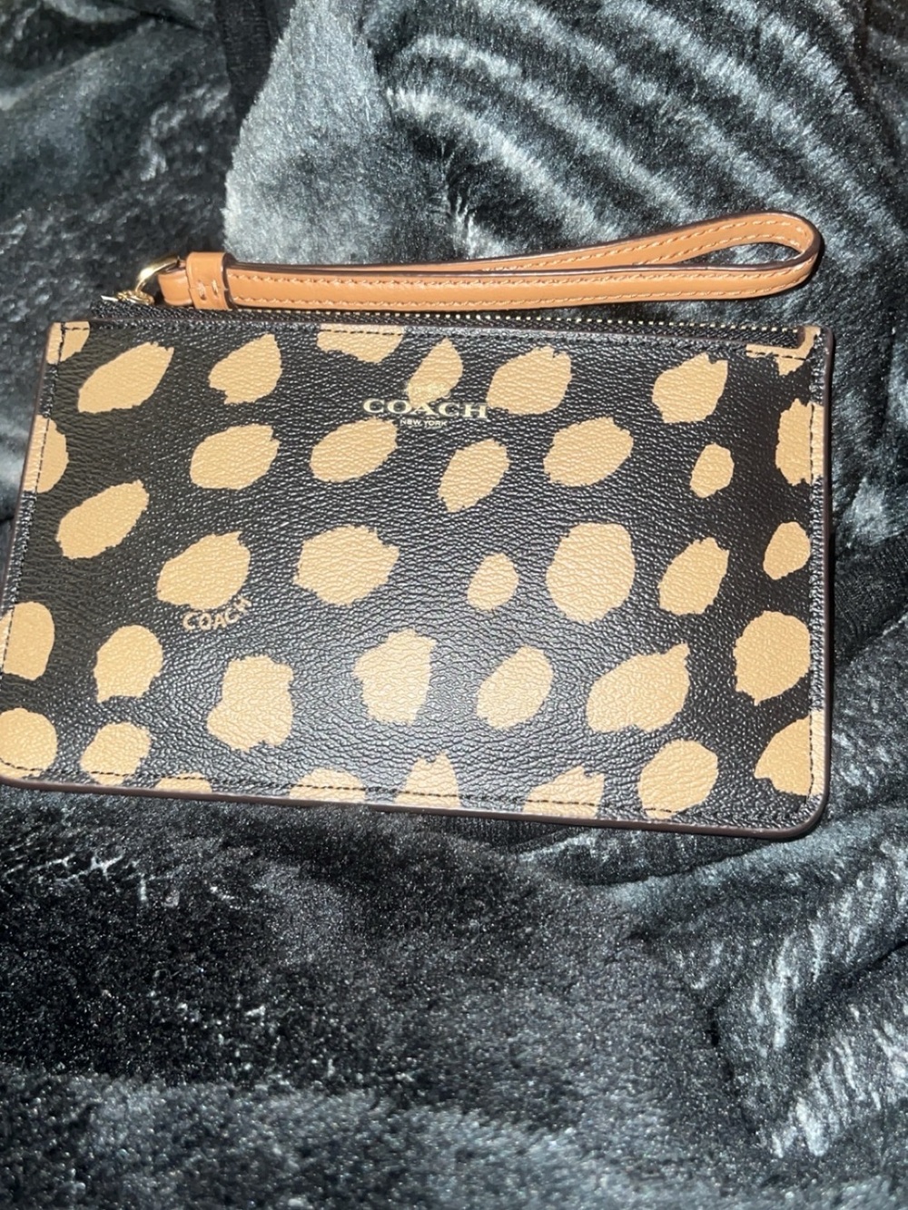 Coach Leopard-Print Zip Wristlet in Black and Tan